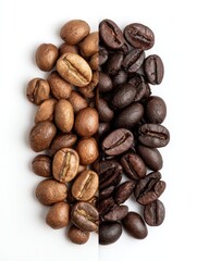 Comparison of Caffeinated and Decaf Coffee Beans Showing Differences in Color and Texture Side by Side