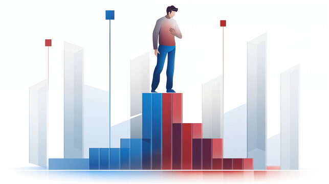 Man standing atop a red and blue bar graph with color coded data points above