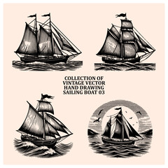 VINTAGE HAND DRAWING VECTOR of SAILING BOAT COLLECTION 03