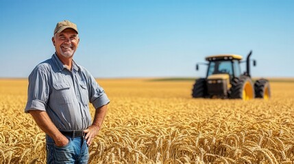 A farmer stands proudly beside his tractor in a vast golden wheat field under a clear blue sky, symbolizing hard work