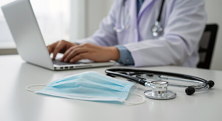 Fototapeta premium Doctor using a laptop with a stethoscope and face mask