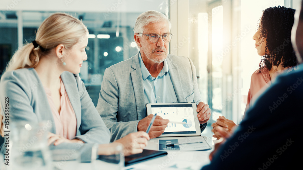 Leinwandbilder discussion, businessman and tablet screen with charts in meeting, investment metrics or planning. of