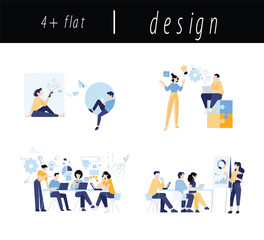 set of business people icons - Remote Work Telemarketer – Flat Vector of Home Office Scene - Flat Office Desk Scene with Laptop and Headset for Telemarketing