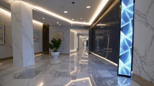 Modern interior of luxury clinic hallway, Marble floor design for office or hospital, with plants. Business building concept