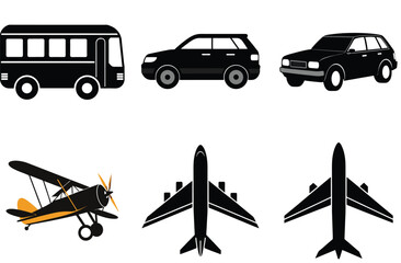 Naklejka premium Vector illustration of various transportation icons including cars buses and planes in black silhouettes