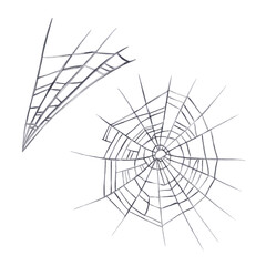 Obraz premium set of spider webs. Large round web of gray color. triangular web network. Hand drawing. Watercolor illustration isolated from the background. Gothic style. Black and gray graphics.