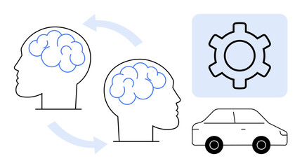 Two human heads with connected brains, gear inside rectangle, car illustration. Ideal for technology, innovation, collaboration, brainstorming, automation, artificial intelligence simple landing