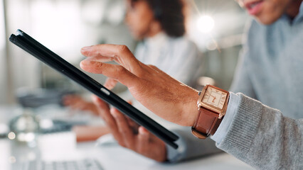 Hands, business and man scroll on tablet for research, financial report and schedule update. Accountant, digital and coworking for finance agenda, information and feedback for investment in office