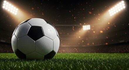 Naklejka premium Close-up of a soccer ball on green grass with stadium lights in the background