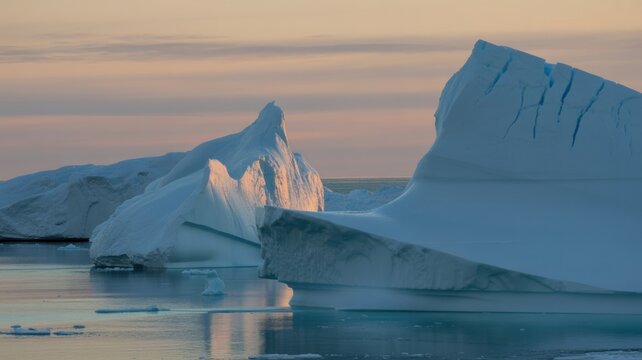 Majestic icebergs at sunrise in tranquil arctic waters