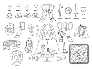 Big Tarot set, vector icons. Tarot suits, spread, four elements, fortune teller, Tarot reader, alchemy symbols,