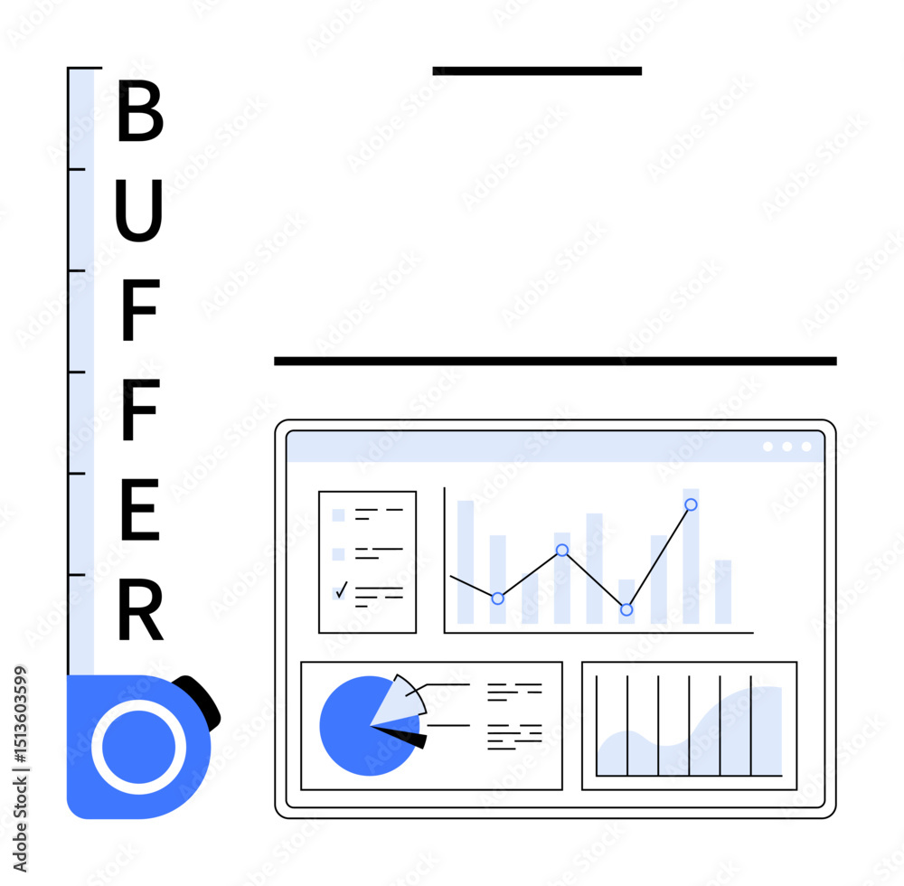 Poster tape measure with buffer scale next to data dashboard featuring graphs, charts, and analytics. ideal