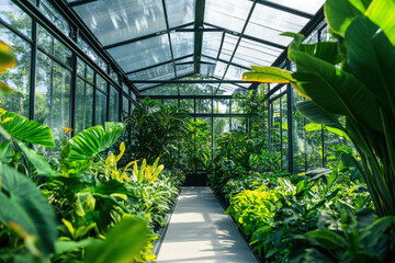 Modern greenhouse filled with lush green plants and vibrant foliage isolated on a white background
