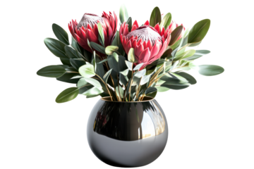 Elegant bouquet of pink protea flowers and green foliage arranged in a sleek black ceramic vase isolated on white background with natural lighting