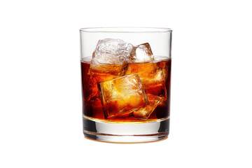 Close-up of a classic transparent glass filled with dark amber colored liquor and large ice cubes on a plain white background, beverage, drink