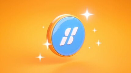 A stylized blue coin with a shiny finish against a bright orange background, featuring sparkles to emphasize its value.