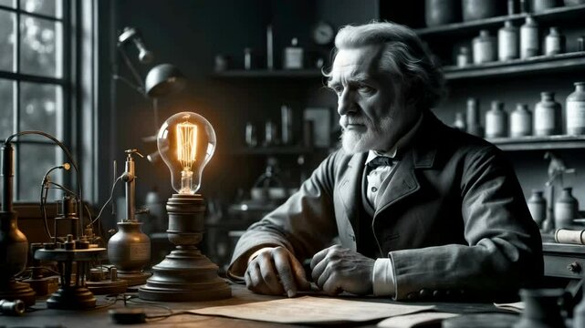 Elderly scientist working in vintage chemistry lab with antique equipment and warm filament light bulb
