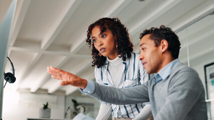 Help, call centre and business people in workplace, computer or conversation with mentor....