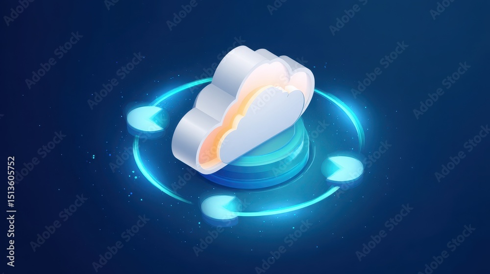 Poster digital illustration of a cloud with rotating arrows, symbolizing data transfer and cloud computing.