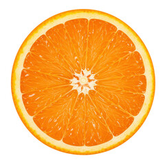 Fresh orange slice exposes juicy segments with bright orange pulp, against white background