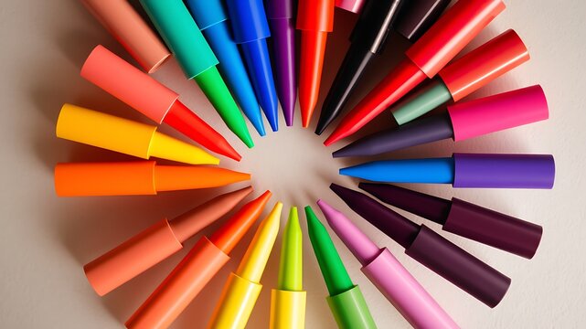 Colorful crayons arranged in a circular pattern forming a vibrant artistic design element.