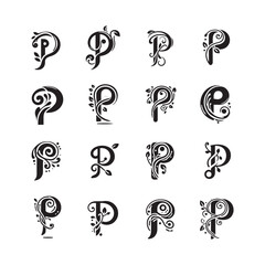 Creative Letter P Logo Set with Vine and Fluid Style, Decorative Alphabet P Monogram Icons, Modern Organic Plant Inspired Vector Logo Collection

