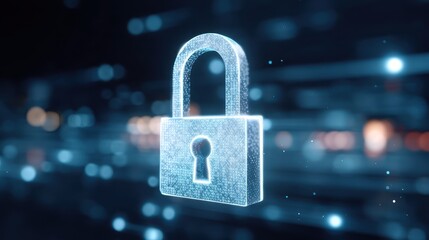 A digital padlock symbolizing cybersecurity and data protection in a tech-themed background.