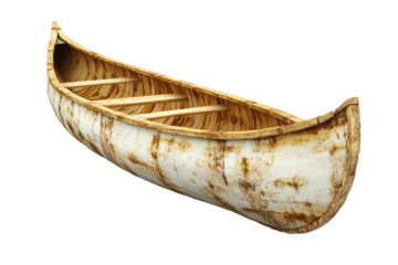 Traditional wooden canoe with natural bark exterior and wooden interior paddling area for river travel and outdoor adventure activities