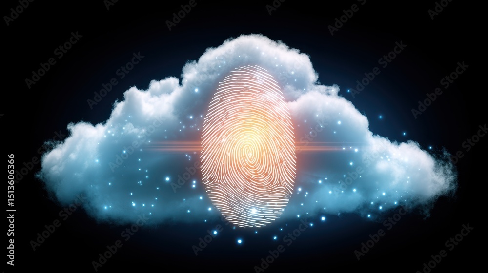 Poster digital fingerprint surrounded by clouds, symbolizing identity and technology integration in a futur