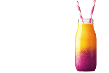 Colorful layered smoothie in a glass bottle with two pink and white striped straws on a white background, healthy drink, vibrant beverage, cold refreshment