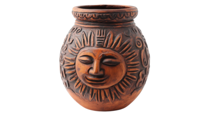 Aztec pottery vase with sun motifs, Transparent background, PNG file