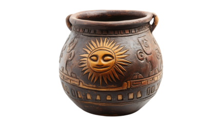 Aztec pottery vase with sun motifs, Transparent background, PNG file