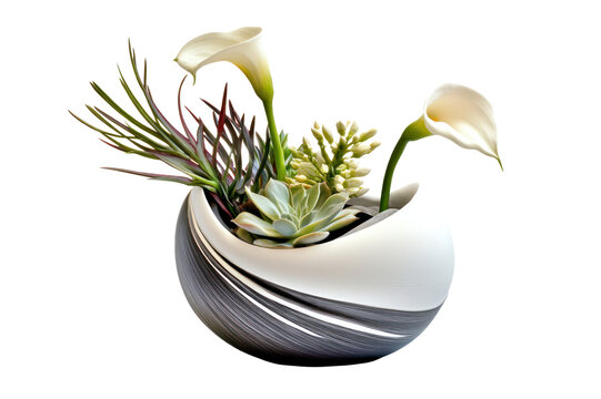 Elegant minimalist floral arrangement of white calla lilies and succulents in a modern black and white ceramic vase on a white background with soft lighting - Powered by Adobe