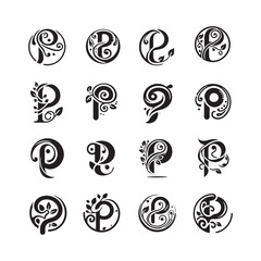 Set of Letter P Logo Icons with Elegant Fluid Vine Shape, Creative P Monogram Symbols, Botanical Style Alphabet P Design Collection, Vector Silhouette

