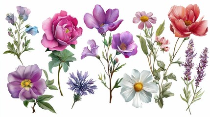 Collection of vibrant floral illustrations.  A variety of blossoms, stems, and leaves