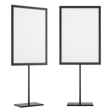 Vertical Sign Holders on Metal Stands Blank. Double Display Mockup. 3D rendering isolated on transparent background