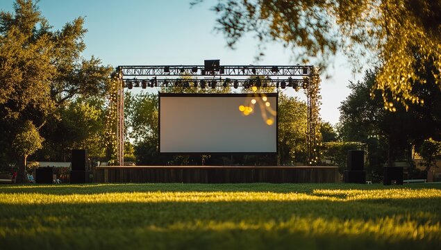 Blank outdoor cinema screen on silver truss stage with black cloth and park background