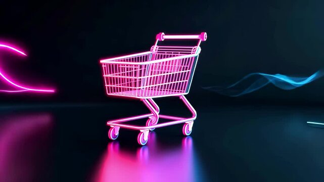 Glowing neon pink shopping cart with flowing blue light trails in futuristic abstract 3D environment