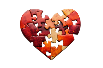 Heart-shaped puzzle made of interconnected colorful wooden pieces symbolizing love, unity, relationship, teamwork, and emotional connection in vibrant tones