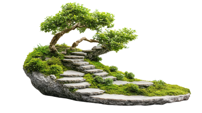 Bonsai with winding miniature staircase, Transparent background, PNG file - Powered by Adobe