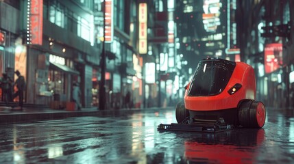 A futuristic AI robot cleaning the streets efficiently in a smart city environment.