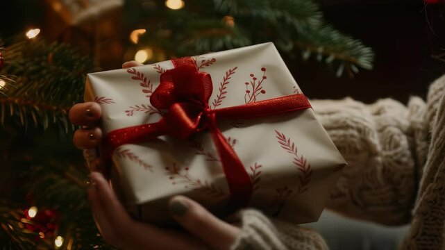 Wrapped present with red ribbon held in hands. Holiday gift-giving occasion with tree in background, warm cozy sweater. Happy holidays present time.
