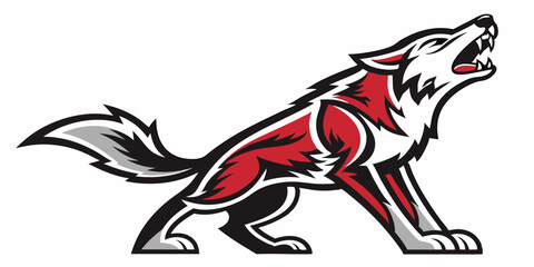 Wolf howling in fierce pose with stylized design in shades of red and gray against a light background