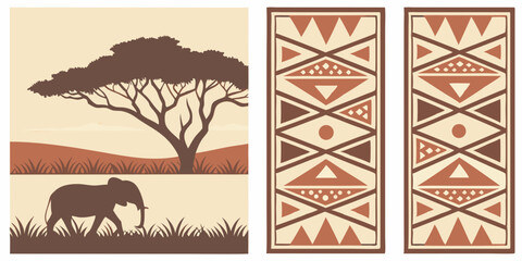 Elephant silhouette against a savanna sunset with tribal patterns in warm tones