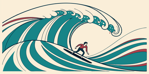 Surfer riding a vibrant wave in a dynamic and stylized ocean setting