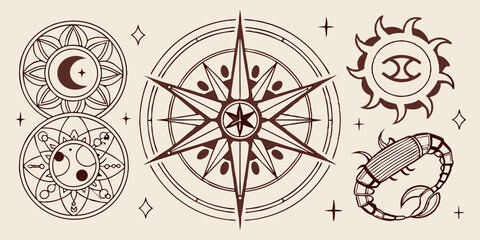 Decorative zodiac and compass art featuring various symbols on a light background
