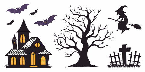 Halloween decorations featuring a witch, bats, a haunted house, and a spooky tree in a playful design