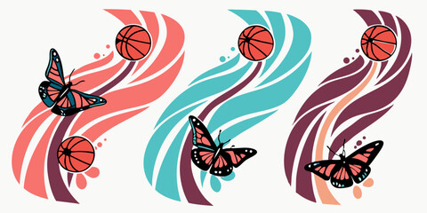 Design featuring vibrant butterflies and basketballs with colorful swirls in a modern artistic style