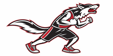 Energetic wolf mascot in athletic gear displaying determination during a sports event