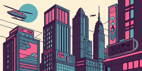 Vibrant city skyline featuring modern architecture and aerial activity at sunset